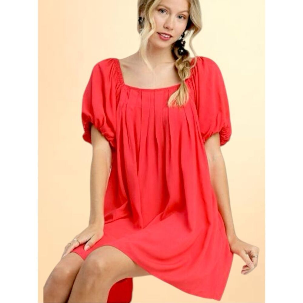 Umgee Corol Red Puff Sleeve Mini Dress Square Neck Babydoll Flowy Medium NWT